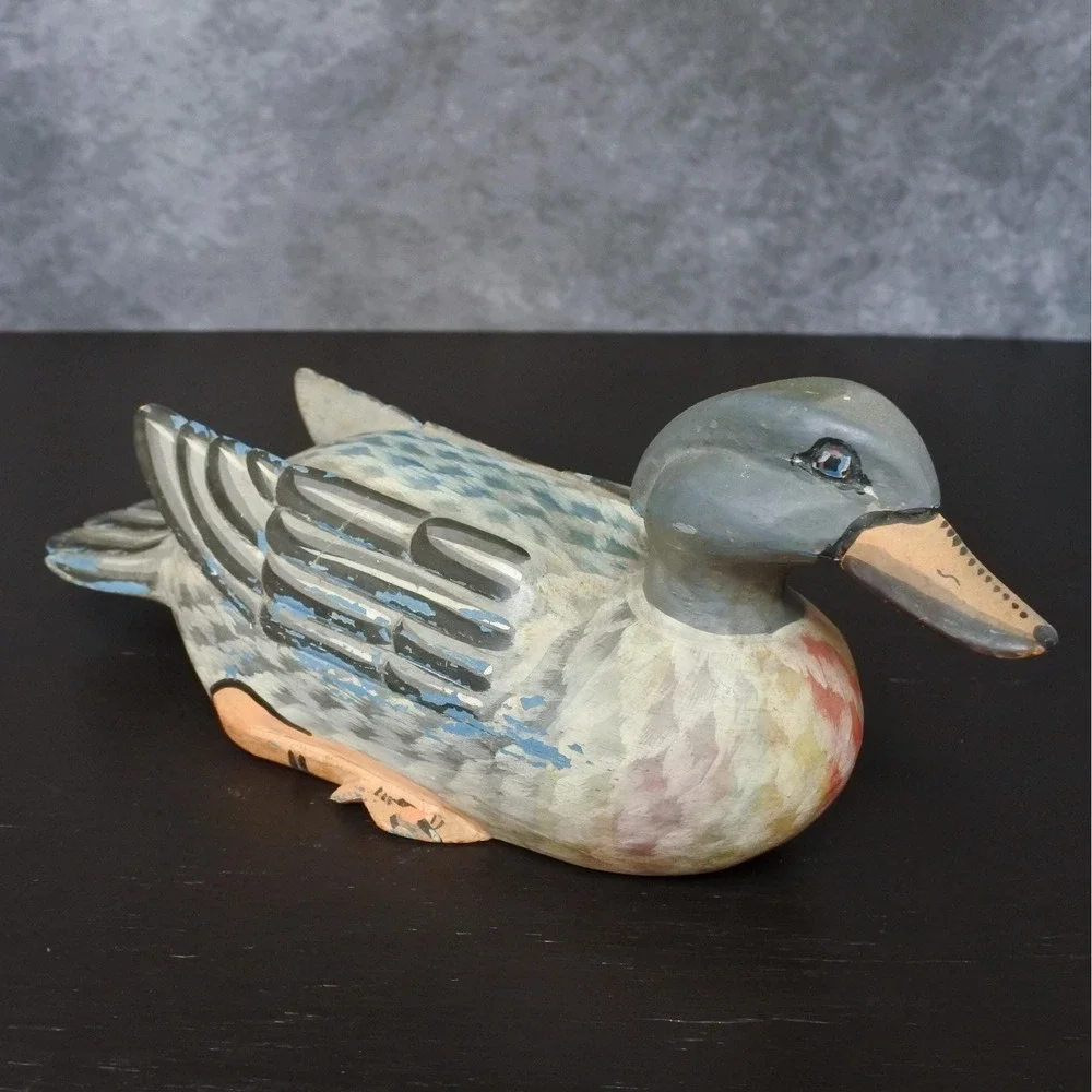 Vintage Hand Painted Wooden Carved Duck Decoy Rustic Farmhouse Style Ornament